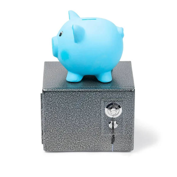 安全な上に立つ青いセラミック貯金箱 — ストック写真