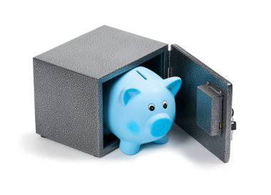 Mavi seramik domuz kumbarası Bir kasada