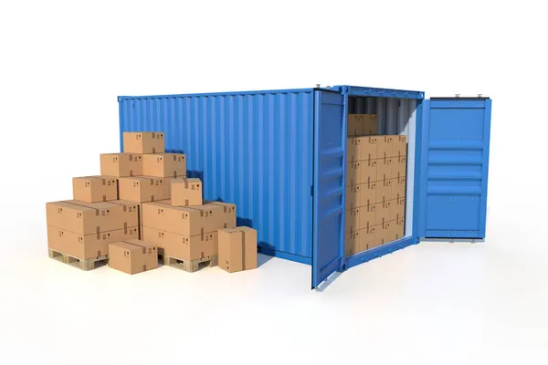 Судновий вантажний контейнер вид збоку з картонними коробами — стокове фото