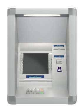 Kart okuyuculu bir ATM. Pin kodu, otomatik bankacılık, banka hesabı elektronik para çekme, konsept. Ekran, düğmeler, para makinesi, makbuz yazıcısı. 3B illüstrasyon