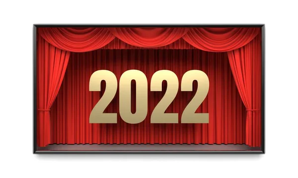 Red stage curtains on home cinema revealing year 2022 number — Foto Stock