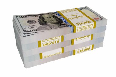 Beyaz arka planda izole edilmiş 3 boyutlu Amerikan doları yığını.