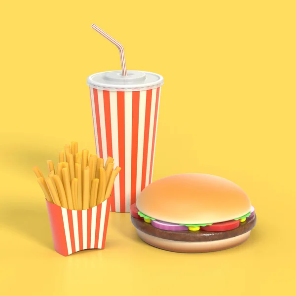 Hamburger, french fries and cola fast food meal 3D illustration — Stock Photo, Image