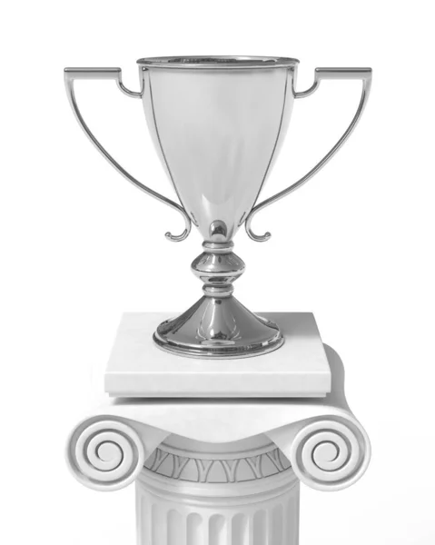 Silver trophy cup on an antique column in greek style 3D illustration — Stock Photo, Image