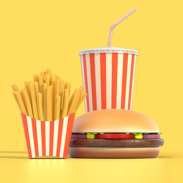 汉堡包、薯条和可乐3D插图 — 图库照片
