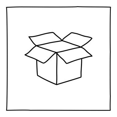 Kutu simgesini aç. Çerçeveli siyah beyaz sembol. Çizgi sanatı grafik tasarım elemanı. Web düğmesi. Beyaz arka planda izole edilmiş. Paketleme, teslimat, ev taşıma kavramı.