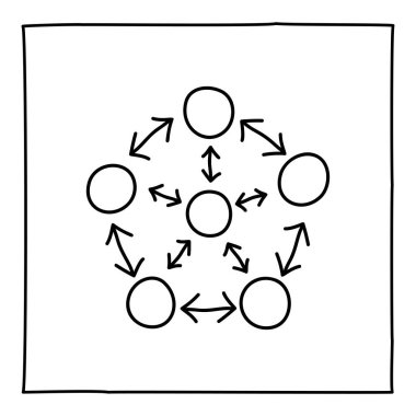 Doodle bağlantı simgesi. Çerçeveli siyah beyaz sembol. Çizgi sanatı tarzı. Beyaz arka planda izole edilmiş. İletişim konsepti. Biyoloji ve tıp - moleküller ve ilişkiler. Vektör sosyal medya