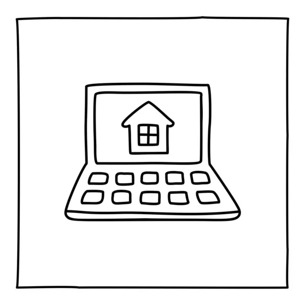 Doodle Laptop House Icon Black White Symbol Frame Line Art — Stock Vector