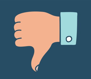 Doodle simge veya logoyu parmakla gösterir. Koyu mavi arka planda el çizimi bir sanat sembolü. Sevmeme, oylama konsepti. Vektör illüstrasyonu