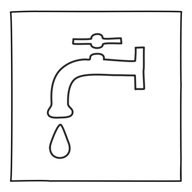 Su musluğu simgesi ya da logosu, ince siyah çizgili el çizimi. Grafik tasarım ögesi beyaz arkaplanda izole edildi. Vektör illüstrasyonu