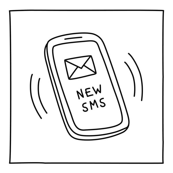 Doodle New Sms Mobiltelefon Ikon Hand Dras Med Tunn Linje — Stock vektor