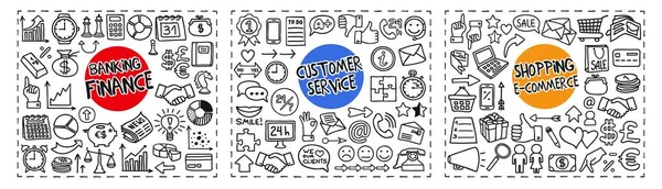 Finance Banking Customer Service Shopping Commerce Freehand Doodle Icons Sets — Vettoriale Stock
