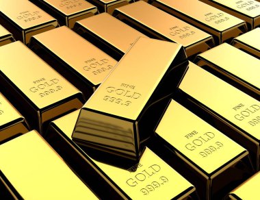 Altın barlar. Değerli metal külçe. İş geçmişi. Finans ve bankacılık kavramı. 3D çizim.