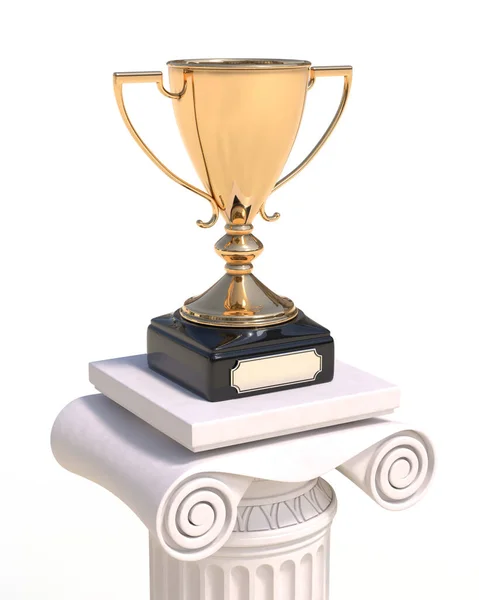 Arany Trófea Kupa Egy Antik Oszlop Görög Stílusban Elszigetelt Fehér — Stock Fotó