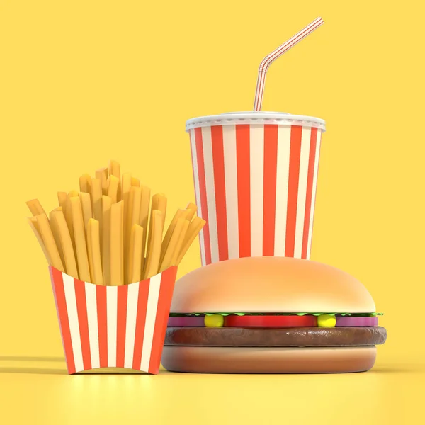 Comida Rápida Ambientada Sobre Fondo Amarillo Con Sombra Hamburguesa Papas — Foto de Stock