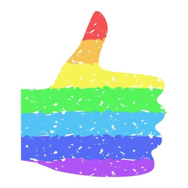 Rainbow colored thumb up hand painted with pastel crayons. Graphic element for documents, templates, posters. Vector illustration