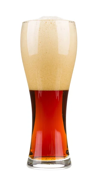 Red beer with bubbles foam in a glass, isolated on white background