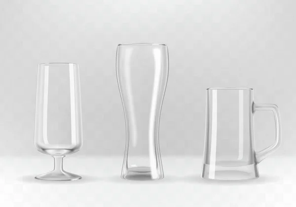Vector Set Bicchieri Birra Trasparente Fotorealistica Tazze Calici — Vettoriale Stock