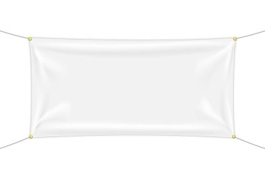 Beyaz Tekstil afiş kıvrımları ile. Boş kumaş şablon asılı. Reklam, web sitesi, el ilanı, afiş, satış duyurusu, seçim sloganı için grafiksel tasarım elemanları. Boş mockup. Vektör çizim