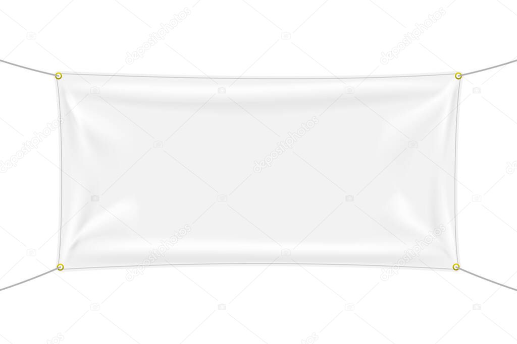 White textile banner with folds. Blank hanging fabric template. Graphic design elements for advertising, web site, flyer, poster, sale announcement, election slogan. Empty mockup. Vector illustration