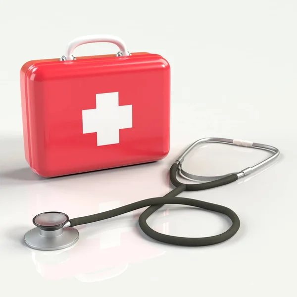 First Aid Kit Stethoscope Red Doctors Bag White Cross Reflection — Stockfoto