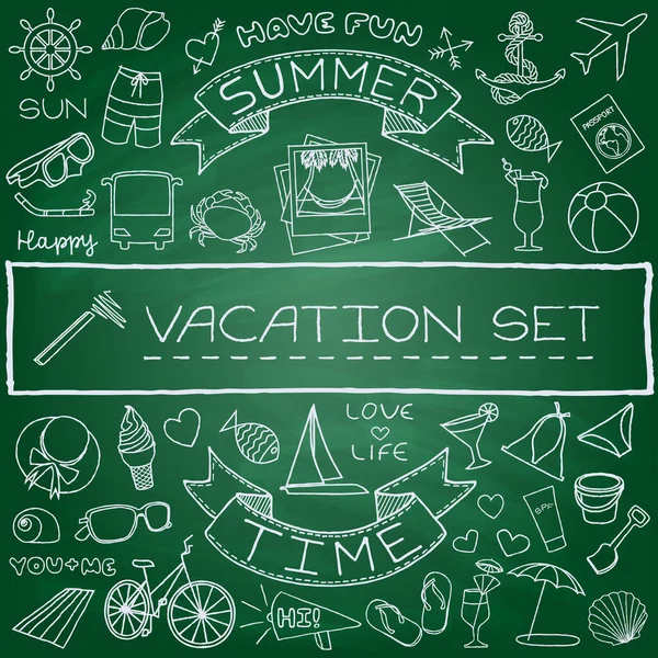 Hand Drawn Vacation Icons Set Green Chalk Board Effect Vector — Stock Vector