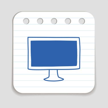 Doodle Bilgisayar TV Monitörü simgesi. Not kâğıdının üzerine mavi kalem çizilmiş bilgi sembolü. Çizgi sanatı grafik tasarım elemanı. Gölgeli web düğmesi. Vektör illüstrasyonu