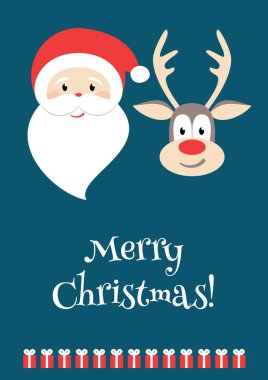 Mutlu Noeller tebrik kartı. Dekoratif davet şablonu. Noel Baba, ren geyiği ve hediyeler. Kırmızı fiyonklu bir poster. Mesaj için yer. Kırmızı fiyonklu tatil temalı tasarım.