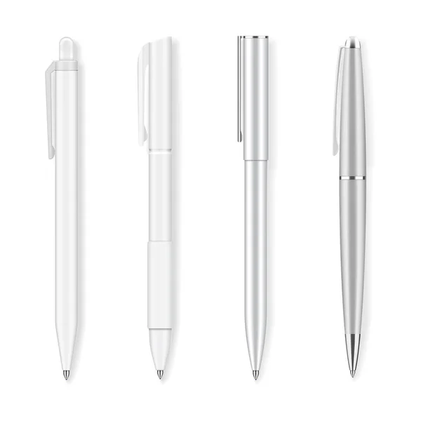 一套四支写实的钢笔 灰色和白色 塑料和金属圆球 详细的平面设计元素 办公用品 被白色背景隔离 矢量说明 — 图库矢量图片