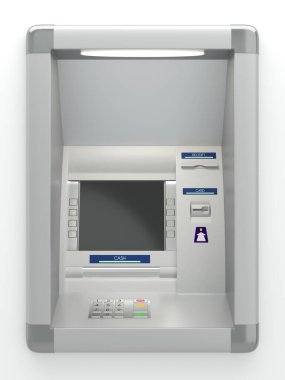 Kart okuyuculu bir ATM. Pin kodu, otomatik bankacılık, banka hesabı elektronik para çekme, konsept. Ekran, düğmeler, para makinesi, makbuz yazıcısı. 3B illüstrasyon