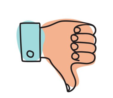 Karalama simge veya logoyu, el çizimi jest sembolünü renklendirme ile çizer. Sevmemek, oyları azaltmak. Vektör illüstrasyonu