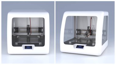 3D yazıcı modeli. Gri arka planda profesyonel prototip cihazı. Yan görünüm çizimi. Yeni teknoloji, modern endüstriyel ekipman, donanım yeniliği, fütüristik fikir kavramı.