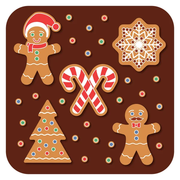 Weihnachten Lebkuchen Mann Plätzchen Set Traditionelles Gebäck Mit Schneeflocke Weihnachtsbaum — Stockvektor