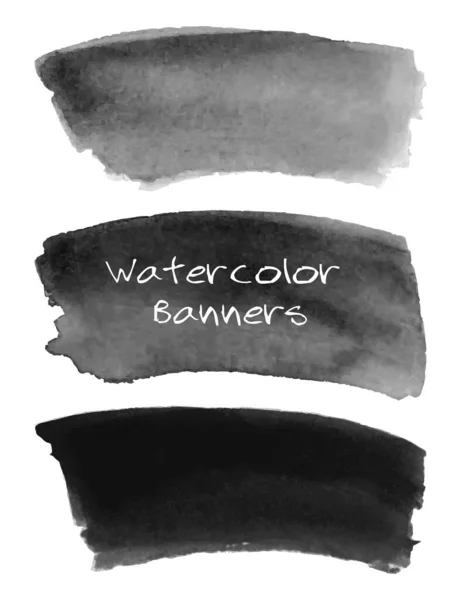 Conjunto Banners Aquarela Preto Cinza Arte Abstrata Desenhada Mão Elementos —  Vetores de Stock