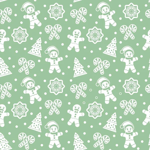 ジンジャーブレッドマンクッキーとクリスマスシームレスパターン 雪の結晶 クリスマスツリー キャンディーの杖 包装紙 プリント スクラップブッキングのためのグラフィックデザイン要素 ベクターイラスト — ストックベクタ