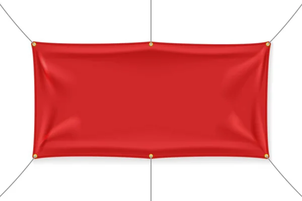 Bandiera Tessile Rossa Con Pieghe Isolata Sfondo Bianco Bianco Appeso — Vettoriale Stock