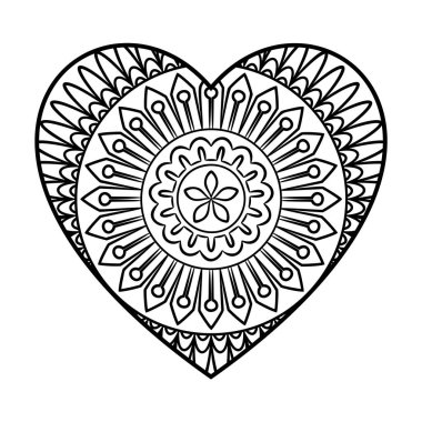 Kalp mandala sayfa boyama doodle. Anahat çiçek tasarım öğesini bir kalp şeklinde. Boyama kitabı desen. Dekoratif yuvarlak çiçek. Aşk, kabul, pozitif enerji kavramı. Vektör çizim.