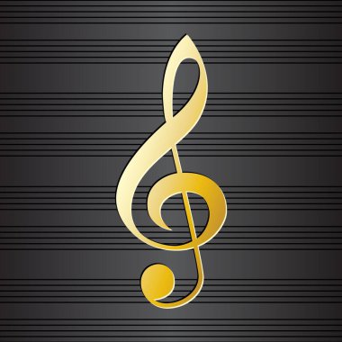 Müzik ekibinin arka planında üçlü anahtar. Siyah arka planda altın müzik sembolü. Koro flayer için grafiksel tasarım unsuru, konser davetiyesi, poster, koleksiyon defteri. Vektör illüstrasyonu.