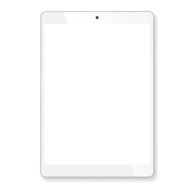 Gerçekçi tablet taşınabilir bilgisayar. Çağdaş siyah alet. Katalog için grafik tasarım ögesi, web sitesi, boş model, gösteri şablonu. Beyaz arka planda izole edilmiş. Vektör illüstrasyonu.