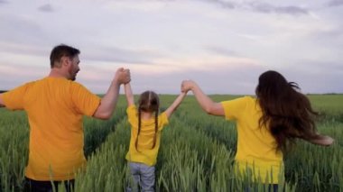 Mutlu aile buğday, çocukluk hayali, buğday tarlasında sağlıklı gıda ürünleri, tarım işi, tarım, anne baba ve küçük çocuk üretimi için buğday tarlasında koşuyor.
