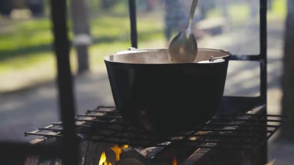 あなたの手で鍋に食べ物を攪拌,自然の中でキャンプ旅行で火の上に料理,火と煙の上に調理レシピ,週末に現代的な屋外活動,鍋から熱い蒸気が急上昇 — ストック動画