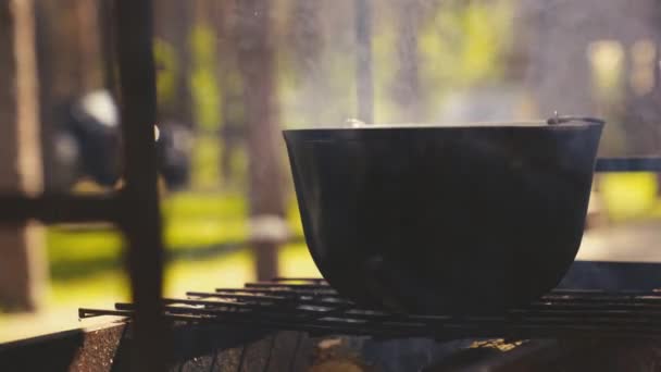 La pentola si trova su una griglia con una grande fiamma di fuoco, cucina all'aperto in una casseruola, ricette turistiche all'aperto, piatto di fuoco nei fine settimana, relax nei boschi — Video Stock