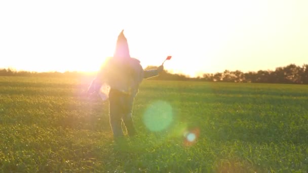 Un ragazzo con un cappello corre e evoca una bacchetta magica al tramonto, alluvione, crede nella magia dei bambini, giochi di bambino al sole, costume di carnevale per bambini per una vacanza, abiti festivi astrani, sogno d'infanzia — Video Stock