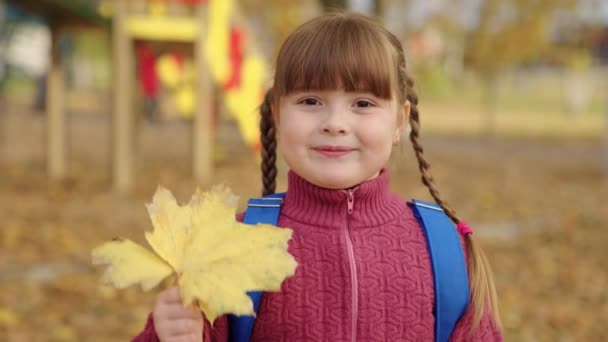 Маленькая девочка с рюкзаком на плечах держит желтые листья в руке и улыбается, золотой осенний сезон, счастливая семья, ребенок играет в парке на открытом воздухе, детская мечта, ребенок улыбается и смеется — стоковое видео