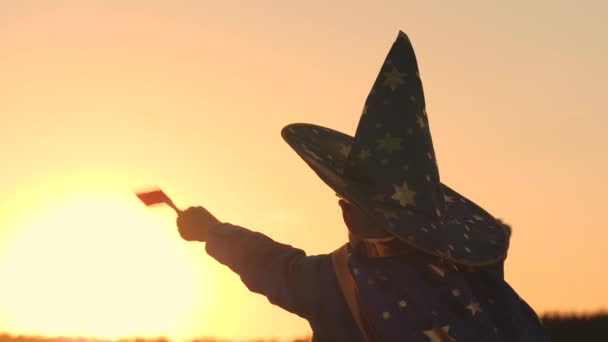 Хлопчик в капелюсі сполучає чарівну паличку на заході сонця, галвін, вірить в дитячу магію, дитина грає на відблисках сонця, дитячий карнавальний костюм на свято, астероїд святкового вбрання, дитячий сон — стокове відео