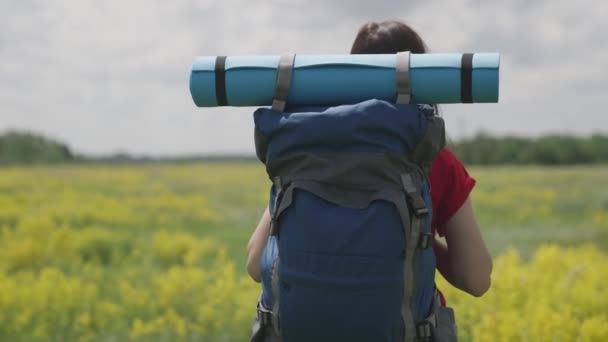 Ung tusenårig flicka reser med ryggsäck och turistmatta, ljus dag i livet, lycklig semester koncept, natursemester på turist väg, letar efter äventyr på semester, resenär koncept — Stockvideo