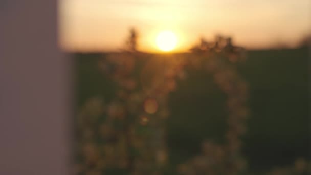 La celebración de una casa de papel al atardecer, un préstamo hipotecario a una familia joven, un rayo de luz solar que brilla a través de la ventana, la compra de una nueva casa, mudarse a la propiedad de una casa, alquilar bienes raíces para vivir — Vídeo de stock