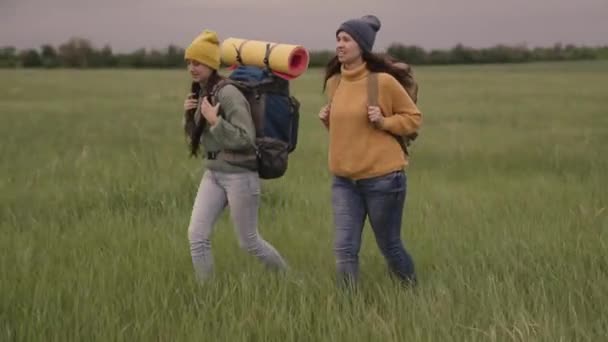 快乐的女旅行家度假运动带着旅行包徒步旅行，梦想着一个有趣的假期，参加露营旅行的女朋友，在大自然中探险，女队，团队精神，积极的生活方式 — 图库视频影像
