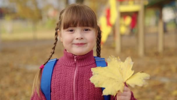 Klein meisje met een rugzak op haar schouders houdt gele bladeren in haar hand en glimlacht, gouden herfst seizoen, gelukkig gezin, kind spelen in het park buiten, kinderdroom, kind lacht en lacht — Stockvideo