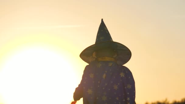 Αγόρι σε ένα καπέλο δημιουργεί μαγικό ραβδί στο ηλιοβασίλεμα, halluin, πιστεύουν στη μαγεία των παιδιών, το παιδί παίζει στο φως του ήλιου, childs καρναβάλι κοστούμι για διακοπές, ένα αστρανόμ εορταστική στολή, παιδικό όνειρο — Αρχείο Βίντεο